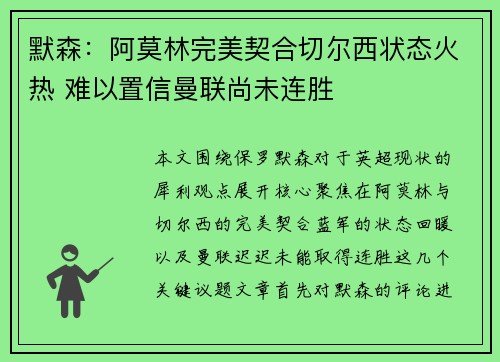 默森：阿莫林完美契合切尔西状态火热 难以置信曼联尚未连胜