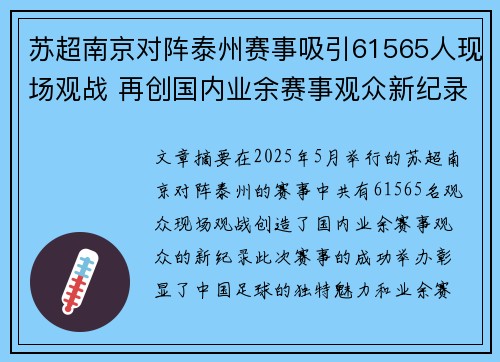 苏超南京对阵泰州赛事吸引61565人现场观战 再创国内业余赛事观众新纪录
